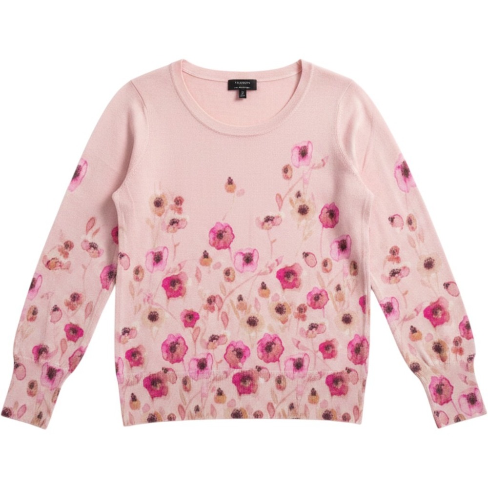 Talbots Womens Pink Pure Merino Wool Watercolor Floral Sweater Keyhole Back M